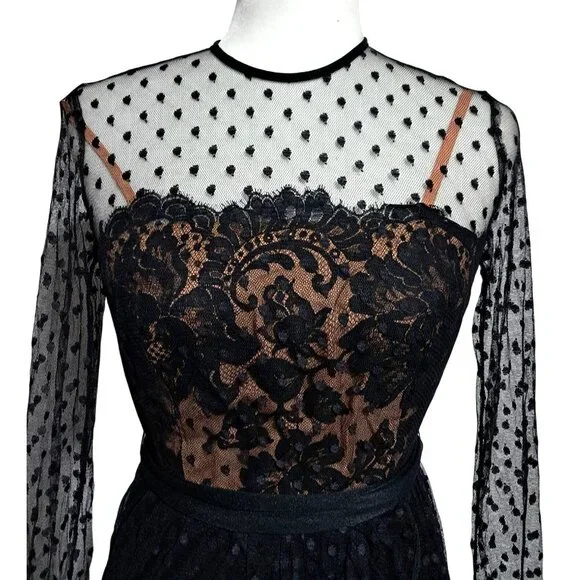 Vintage 70s Jack Bryan Black Gothic Polka Dot Lace Ruffled Midi Dress Sz 4 Emo M - Picture 3 of 12